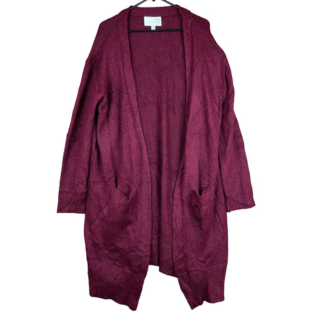 J.O.A. Womens Sweater Maroon Cardigan Long Open Front Alpaca Blend Pockets Large